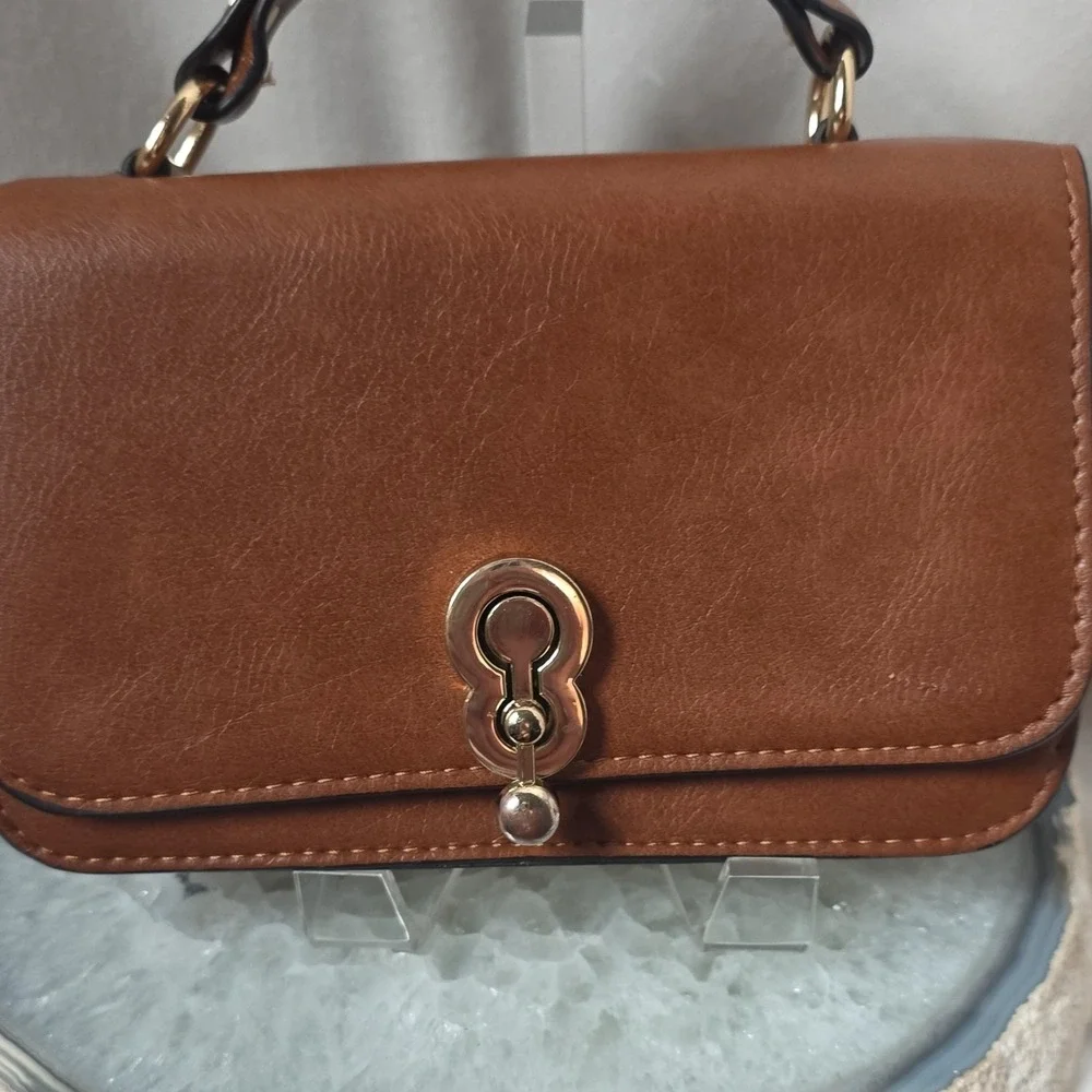 Crossbody Brown Gold Hardware Top Handle Satchel with Detachable Strap & Clasp